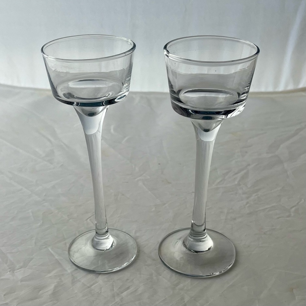 Vintage Clear Glass Long Stemmed Tea Light Candle Votives Glasses Set of 2, 6x2”